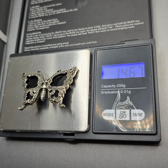 VTG Sterling Silver 925 Butterfly Brooch 2" Marcasite Black Onyx 14.67g - Picture 10 of 11